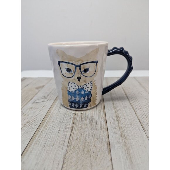 Pier 1 Imports Coffee Mug Ironstone Owl Owling Like a Boss Tea Cup Blue EUC - Picture 1 of 6